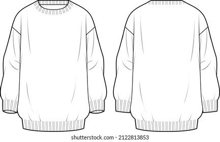 Suéter de sudadera básico regular para mujeres - Suéter de moda técnica para suéter. Plantilla de suéter de prendas planas, frontal y posterior, de color blanco. Un simulacro de CAD de Unisex.