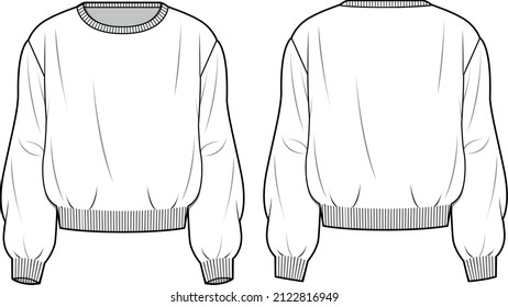 Women's Basic Regular Fit Sweater- Sweater technical fashion illustration. Flat apparel sweater template front and back, white colour. Unisex CAD mock-up.