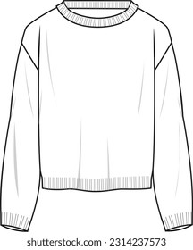 Women's Basic Regular Fit Sweater- Technical fashion illustration. Front, white color. Unisex CAD mock-up.