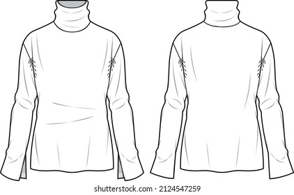 Women's Basic Roll-Neck, Fitted Sweater- Sweater technical fashion illustration. Flat apparel sweater template front and back, white colour. Women's CAD mock-up.