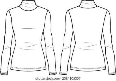 Women's Basic Roll-Neck, Fitted Top. Technical fashion illustration. Front and back, white colour. Women's CAD mock-up.