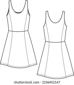 Women's Basic Skater Dress. Dress technical fashion illustration. Flat apparel dress template front and back, white colour. Women's CAD mock-up.