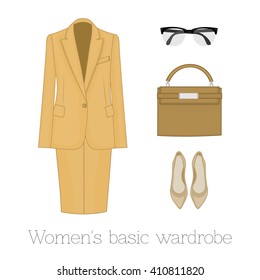 Women's basic wardrobe set: dress, shoes, eyeglasses, bag