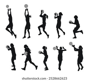 Womens basketball, female athlete silhouette, female basketball players with different poses, gestures