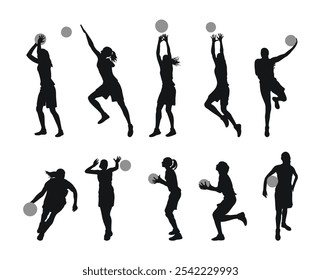 Womens basketball, girl players standing with the ball, running, jumping, throwing, dunking, shooting, passing the ball, set