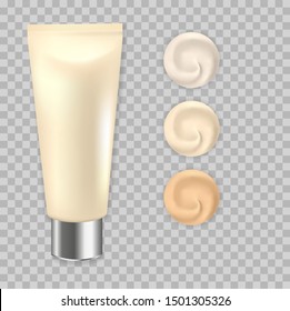 Women's bb cream, foundation makeup, concealer, body lotion. 3d vector realistic beige tube of cream with silver lid on transparent background. Cosmetic packaging. Three shades. Curl and vortex cream.