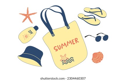 Women's beach Accessories in yellow and blue. Summer vacation Background. Women's set for Sea holidays. Isolated vector elements. Handwritten lettering summer