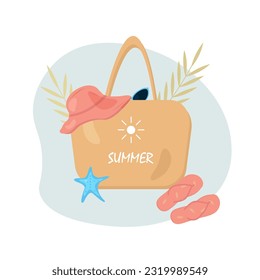 Women's beach bag for relaxing on the sea or ocean. sunglasses, flip flops, sunhat, starfish. Fashion, accessories, summer concept.
Vector flat design eps 10, with palm leaves.