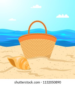 Women's beach bag and seashell on the sandy beach. Vector illustration.