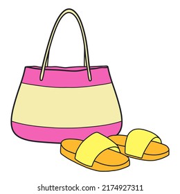 Women's beach bag and slippers. Accessories for summer holidays. Flat vector illustration.