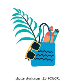 Womens beach bag with sunbathing accessories, isolated on white background. Flat vector cartoon illustration, clipart.