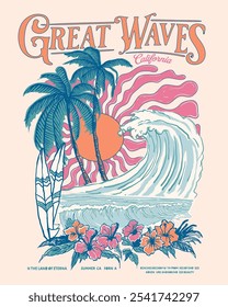 Women's Beach Graphic. retro summer print Design. Topical beach girls t shirt design. Great Waves in California