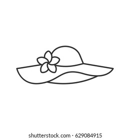 Women's beach hat with flower linear icon. Thin line illustration. Contour symbol. Vector isolated outline drawing