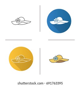 Women's beach hat icon. Flat design, linear and color styles. Isolated vector illustrations