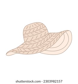 Sombrero de playa para mujeres aislado de fondo blanco. Accesorio de vacaciones de verano dibujado a mano. Elemento de vacaciones en el mar vectorial