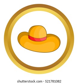 Womens beach hat vector icon in golden circle, cartoon style isolated on white background