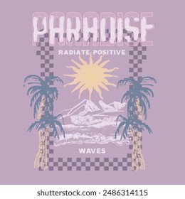 Women's beach prints, for t-shirt graphic, Retro college varsity typography Paradise slogan print, vector illustration, girls beach graphic, tropical summer beach waves , women summer fashion Prints 