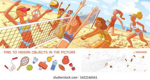 Women's beach volleyball. Panorama. Find 10 hidden objects in the picture. Puzzle Hidden Items. Funny cartoon character. Vector illustration