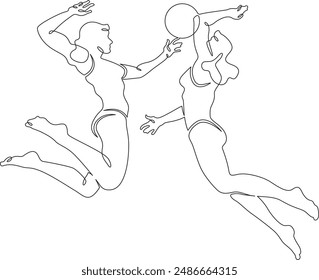Women's beach volleyball. Women in swimsuits. Volleyball players block in a jump. Female athlete. One continuous line. Line art. Minimum one line. White background. One line drawing.