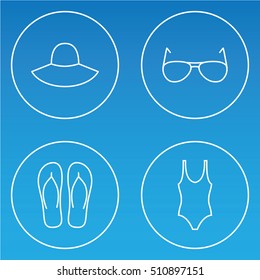 womens beachwear outline icon set contains hat, swimsuit, sunglasses and slippers