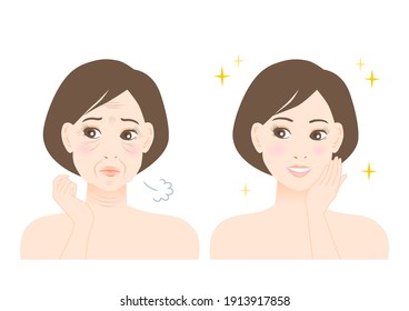 Women's beauty illustration. Trouble of wrinkles and sagging. White background. vector illustration.