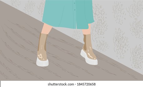 Women's beige lacquer borincano a thick white sole.Female legs in fashionable winter boots. Youth style for everyday life.
