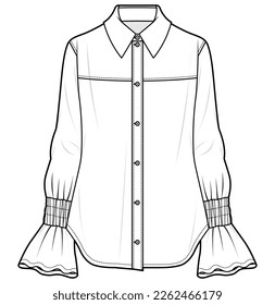 womens bell sleeve button down shirt blouse flat sketch vector illustration technical cad drawing template