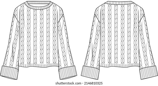 Women's Bell Sleeve Cable Detail Sweater- Sweater technical fashion illustration. Flat apparel sweater template front and back, white colour. Women's CAD mock-up.