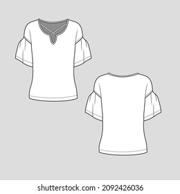 Womens Bell Sleeve criss cross notch neck  blouse top t shirt flat sketch technical drawing vector design