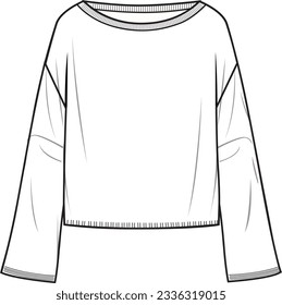 Jumper de manga de campanilla para mujeres. Ilustración técnica de la moda. Delantero, color blanco. Un simulacro de CAD de Unisex.