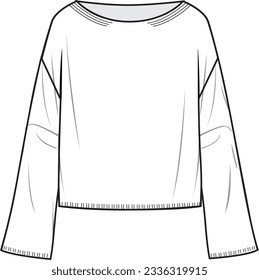 Women's Bell Sleeve Jumper. Technical fashion illustration. Front, white colour. Unisex CAD mock-up.