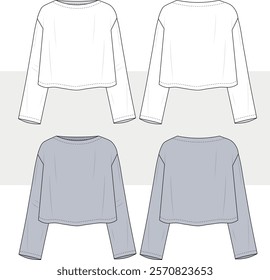 Women's Bell Sleeve top sweatshirt. Technical fashion illustration. Front and back view.  Flat sketch CAD mock-up.