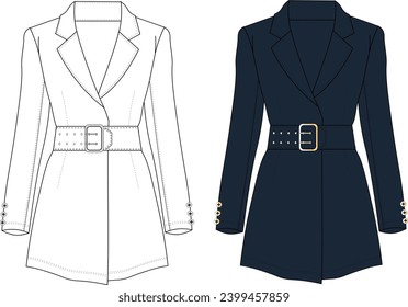 Chaqueta Blazer Belted para mujeres - ilustración técnica de moda. 
Plantilla vectorial de vista frontal y posterior del parpadeo casual. Disparador del botón del lado del cintura, vestido de Blazer del cinturón de seguridad del cintura. 
