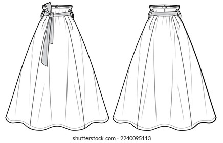 Women's belted flared full Skirt flat sketch vector illustration with front and back view, long Full length skirt for casual wear fashion technical drawing vector template mock up