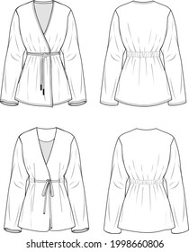 Juego de Chaquetas con cinturón para mujeres. Ilustración técnica de la chaqueta. Plantilla de la chaqueta de ropa plana en la parte delantera y trasera, color blanco. Burla de CAD de mujeres.