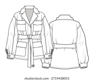 Ilustración técnica de diseño de Vector de Plantilla de maqueta de chaquetas con cinturón para mujer.
