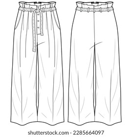 Women's belted mannish pants  trouser flat sketch fashion illustration front and back view, Paper bag waist wide leg flare freeprance pant design cad drawing template