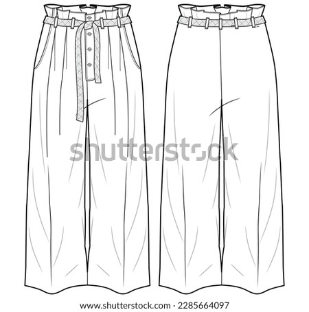 Women's belted mannish pants  trouser flat sketch fashion illustration front and back view, Paper bag waist wide leg flare freeprance pant design cad drawing template