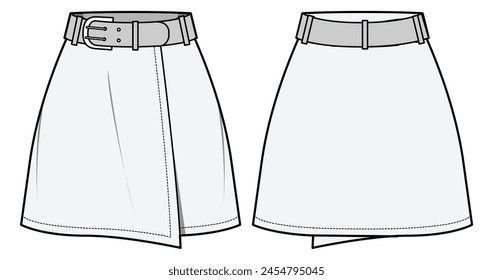 Mini cinturón de las mujeres envuelto falda sketch plano ilustración de moda dibujo de tarjeta con vista frontal y posterior. Falda de skater tejida mini falda corta diseño Plantilla de Vector