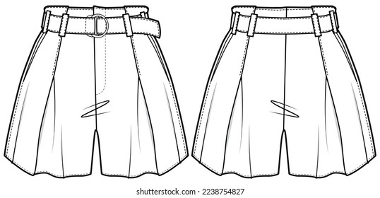 Womens belted paper bag waist shorts front and back view flat sketch fashion illustration drawing vector template