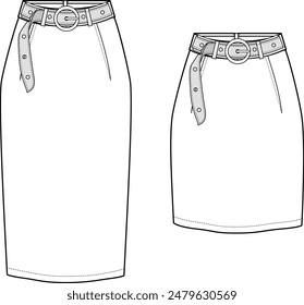 Women's Belted Pencil and Mini Skirt- Technical fashion illustration. Front, white colour. Women's CAD mock-up.