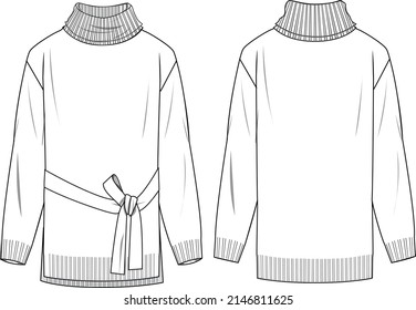 Women's Belted Roll Neck Tunic. Tunic technical fashion illustration. Flat apparel tunic template front and back, white colour. Women's CAD mock-up.