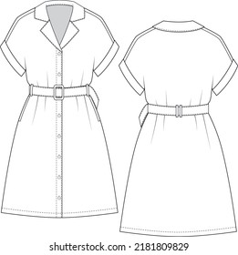 Vestido de la camiseta con el cinturón de mujeres con la moda del cuello noqueado, ilustración de CAD plana técnica