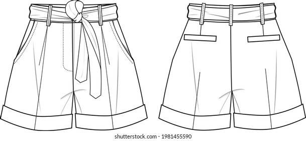 Women's Belted Shorts. Technical fashion illustration with side pockets. Front and back, white colour. Women's CAD mock-up.