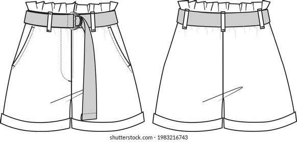 Women's Belted Shorts. Technical fashion illustration with side pockets. Front and back, white colour. Women's CAD mock-up.