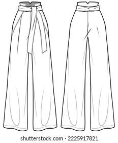 Women's belted wide leg flare pants  trouser flat sketch fashion illustration front and back view, Wide leg boot cut pant design drawing vector template