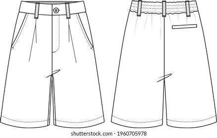 Women's Bermuda Shorts. Shorts technical fashion illustration. Flat apparel shorts template front and back, white colour. Women's CAD mock-up.