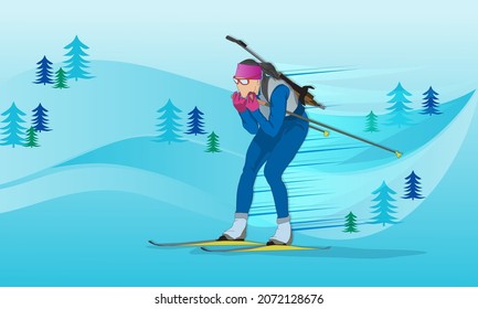Women's biathlon. A woman running on skis with a sports rifle.