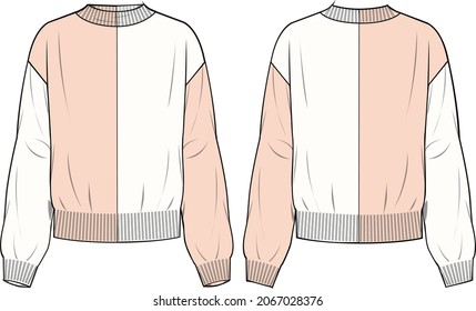 Women's Bicolour Mock Neck Sweater- Sweater technical fashion illustration. Flat apparel sweater template front and back, colored. Women's CAD mock-up.