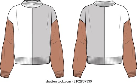 Women's Bicolour Mock Neck Sweater- Sweater technical fashion illustration. Flat apparel sweater template front and back, colored. Women's CAD mock-up.